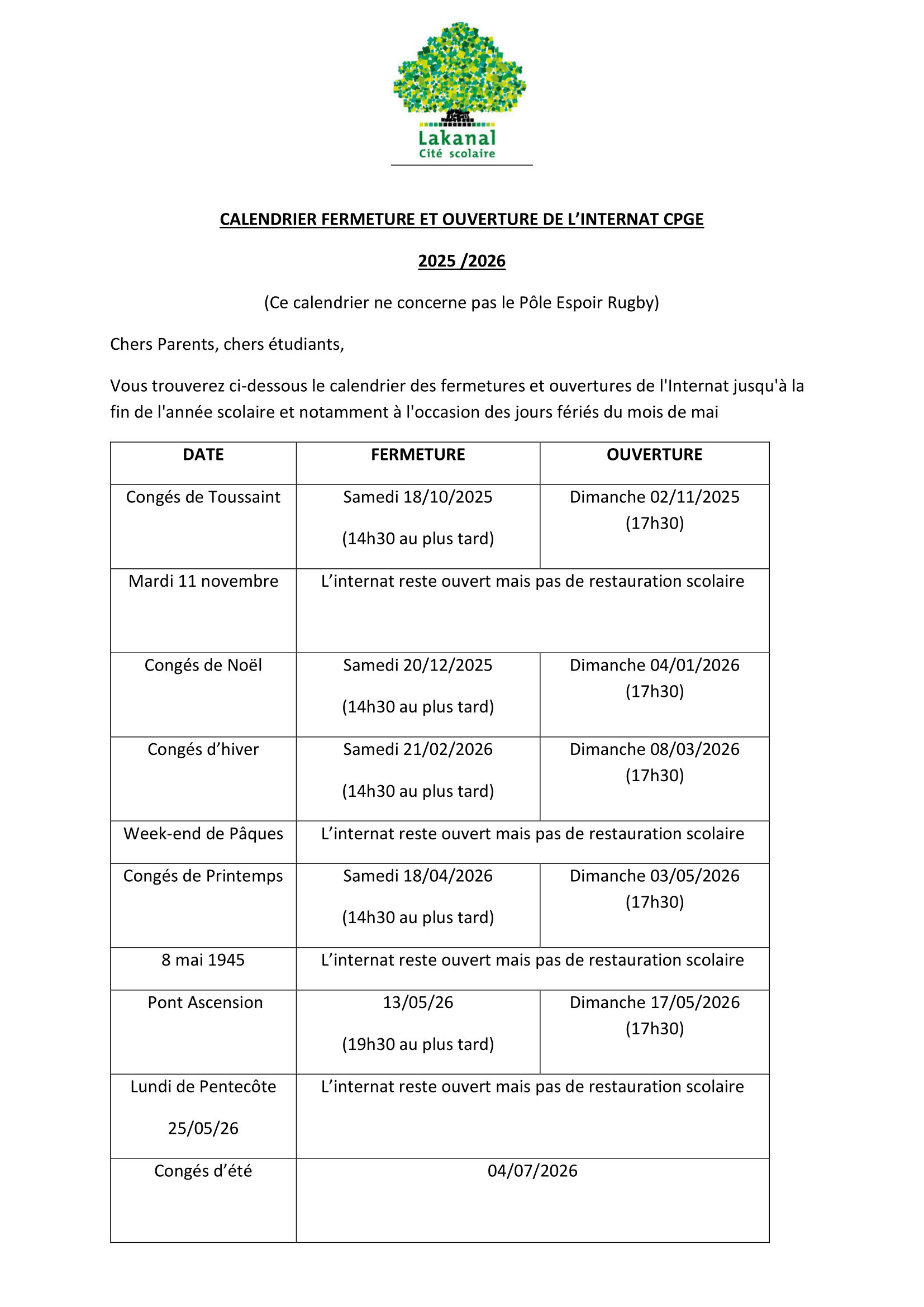 horaires ouverture et fermeture internat 1