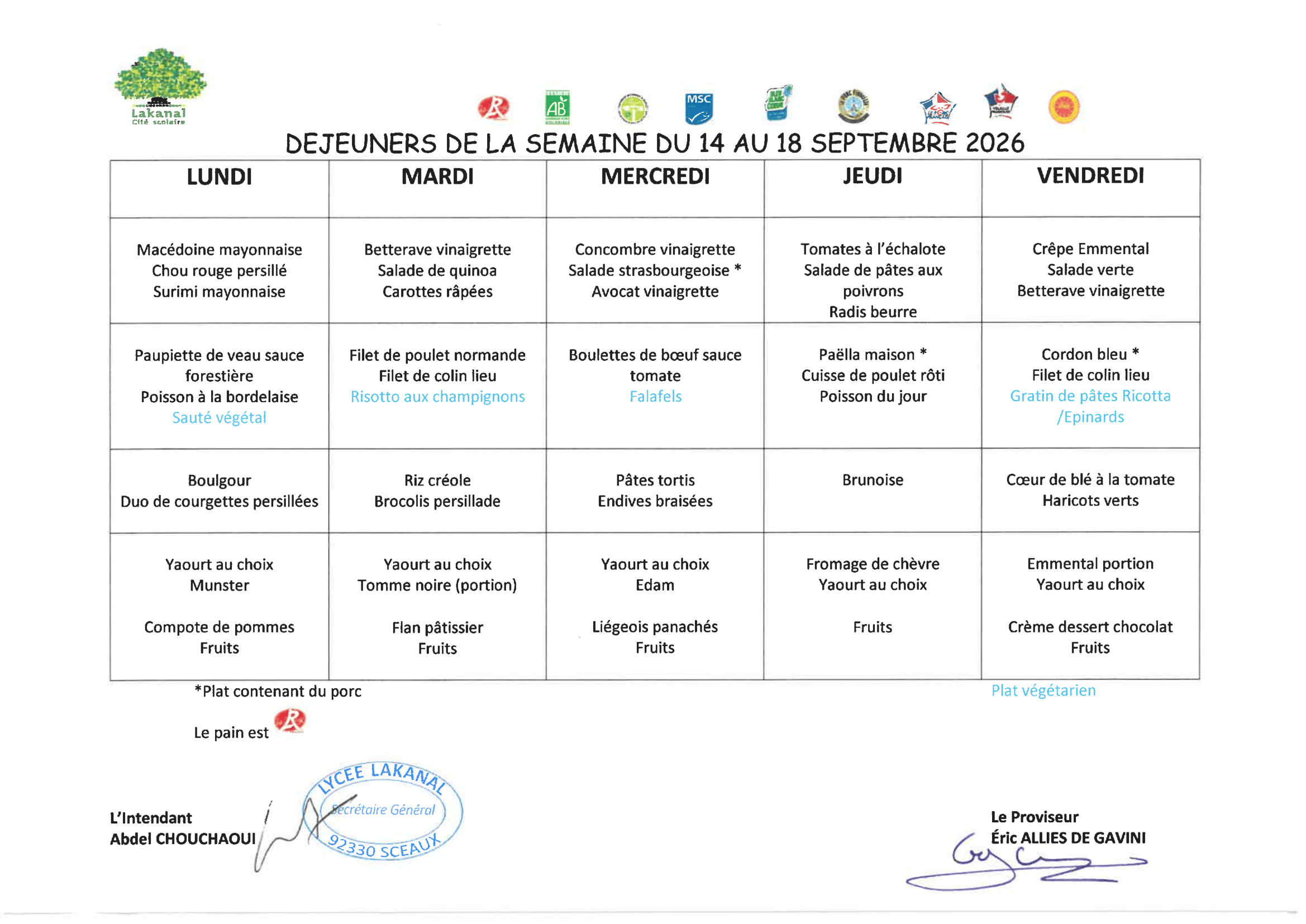 menus dejeuner du 14 au 18 septembre 1