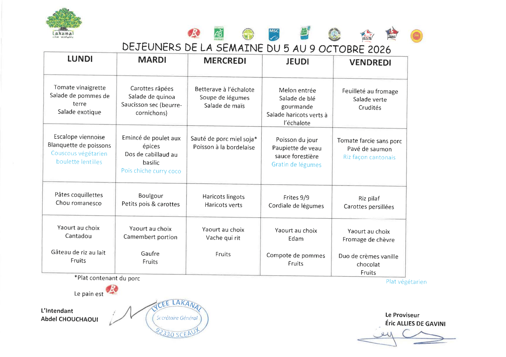 menus dejeuner du 5 au 9 octobre 1