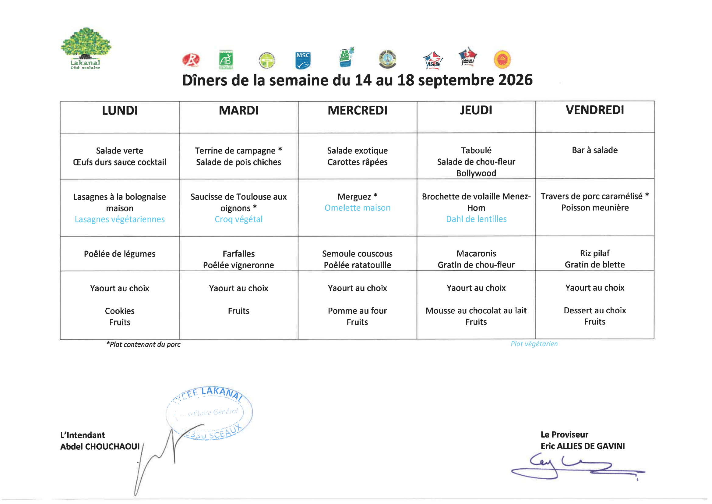 menus diners du 14 au 18 septembre 1