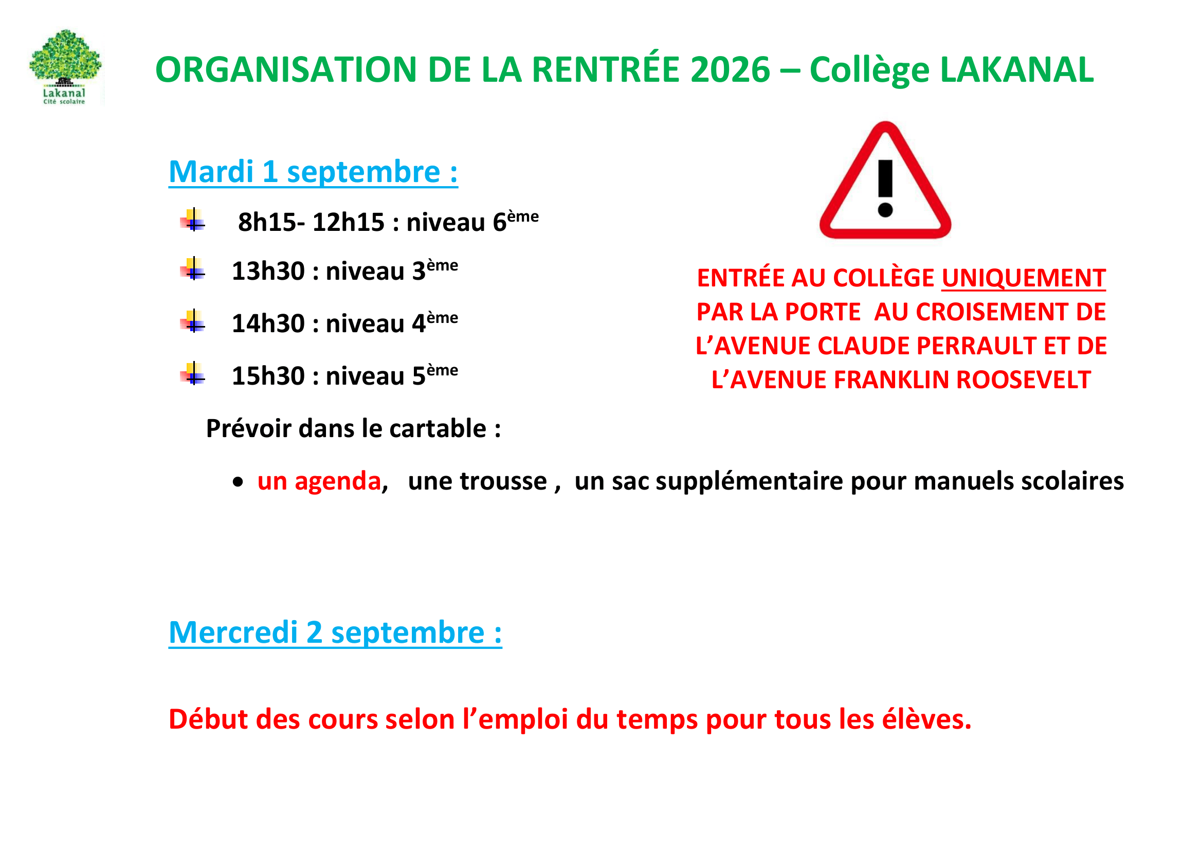 rentree 2026 college lakanal 1